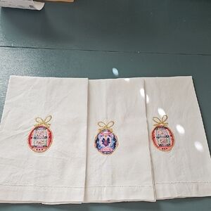 Embroidered White‎ Linen Towels  with Gold and Pink Accents.